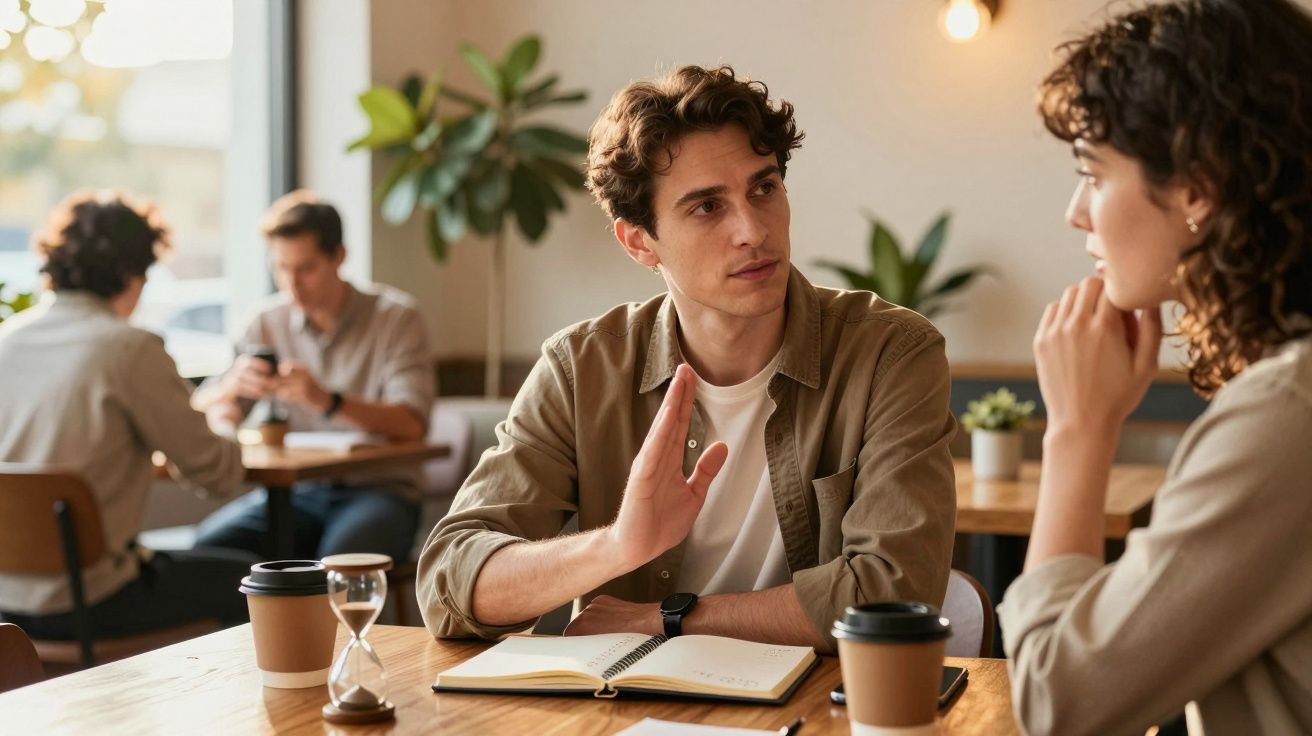 Duas pessoas conversam num café, com cadernos e copos, enquanto outras duas ao fundo estão no telemóvel.