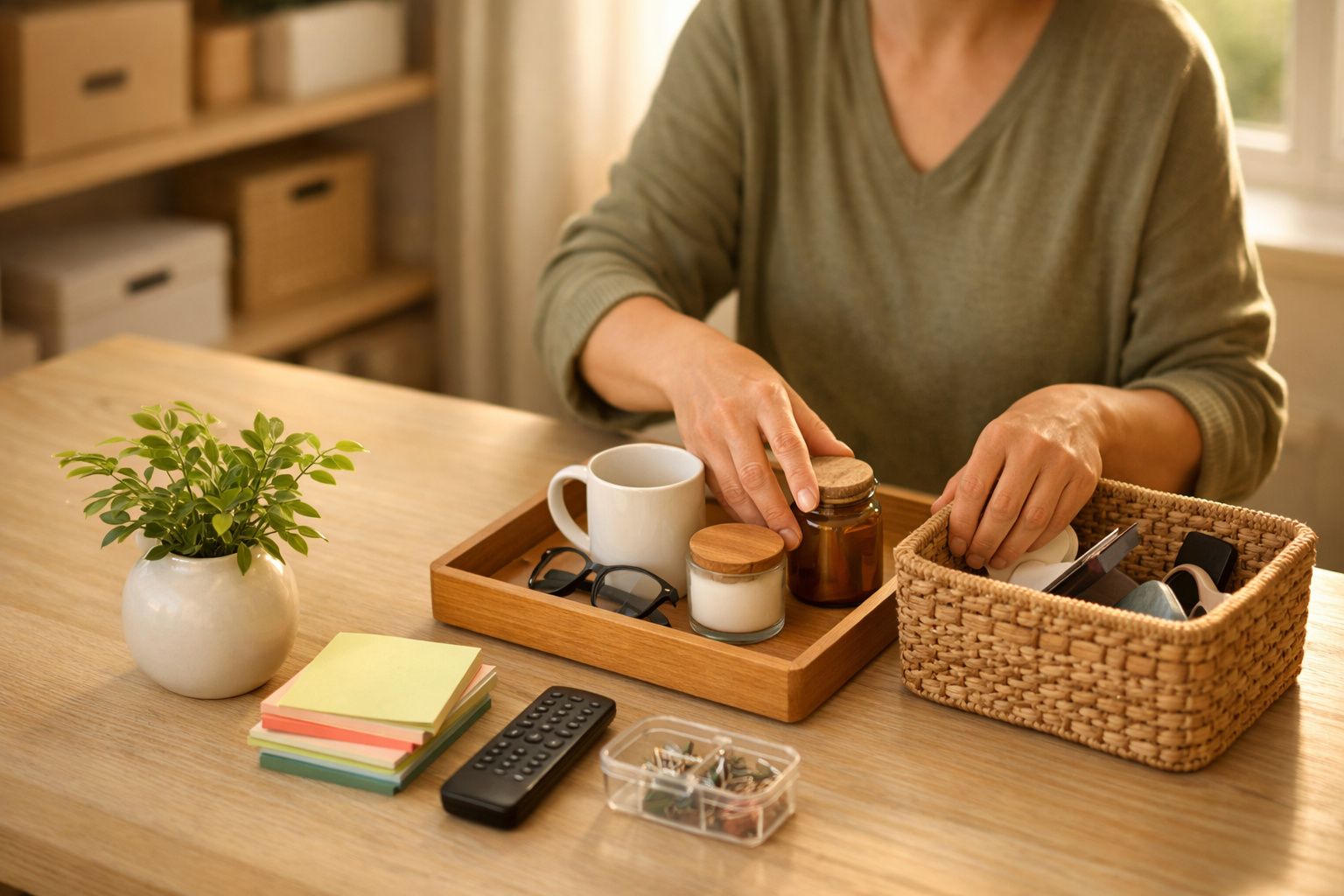 Pessoa organiza objetos numa caixa de madeira sobre uma mesa, com portátil, caderno e planta ao lado.