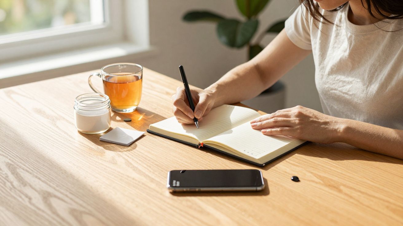 Mulher escreve num caderno sobre mesa de madeira, com chá, jarro pequeno e telemóvel ao lado.