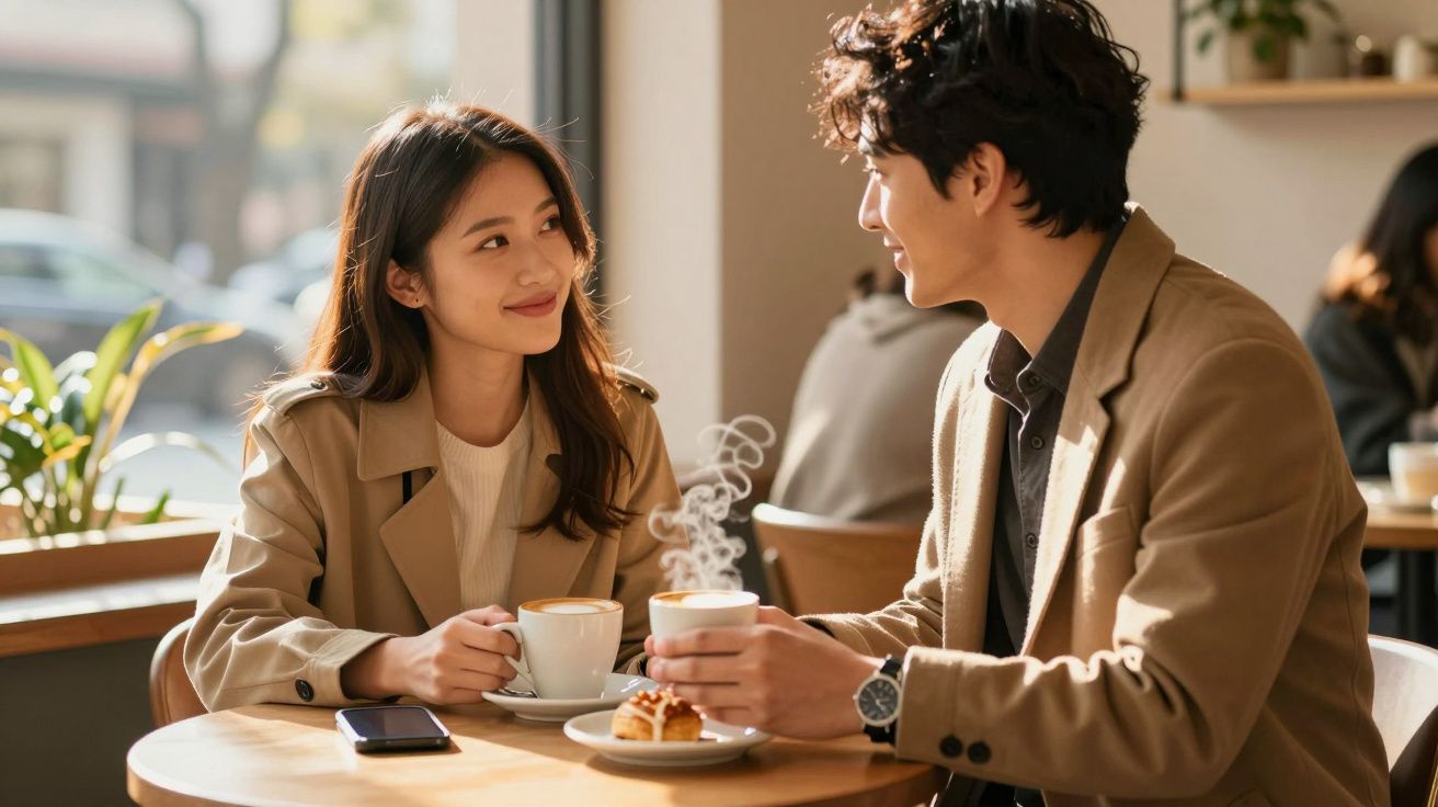 Casal a conversar num café iluminado, com chávenas de café e um bolo na mesa. Ambos usam casacos bege.