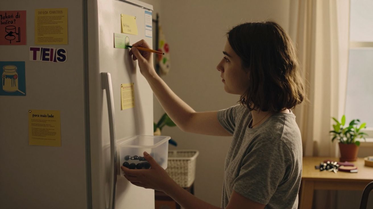 Mulher escreve num quadro magnético no frigorífico enquanto segura caixa com bolas azuis, ambiente de sala iluminada.