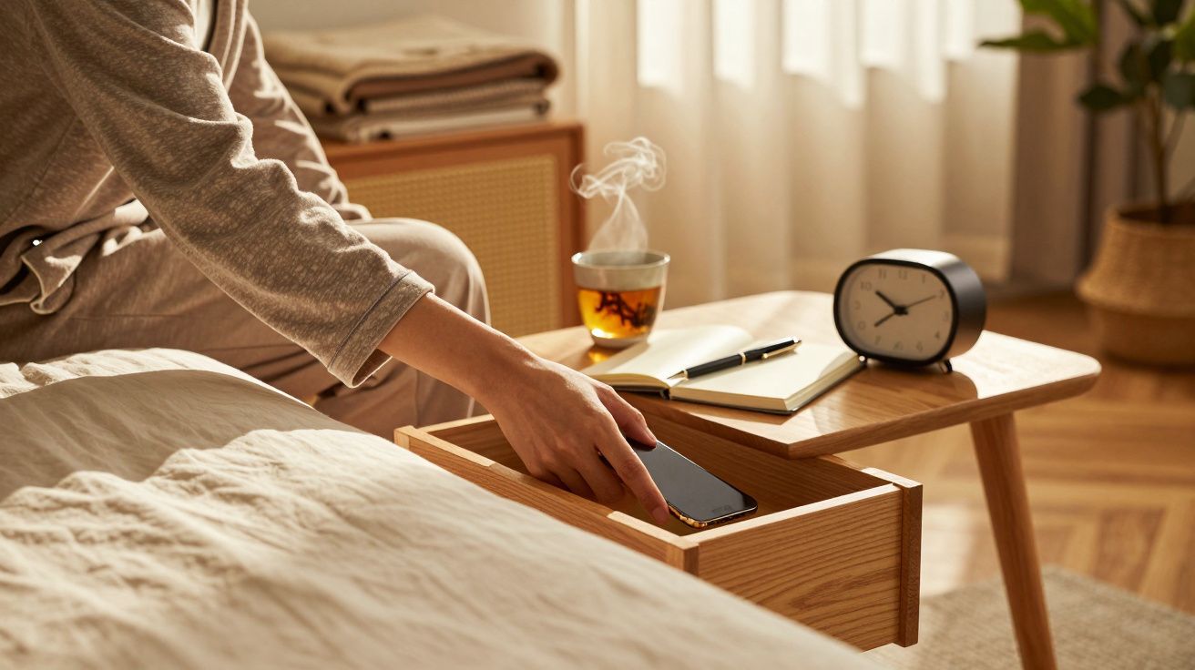 Pessoa guarda telemóvel numa mesa de cabeceira ao lado de chá a fumegar, bloco de notas e relógio analógico.