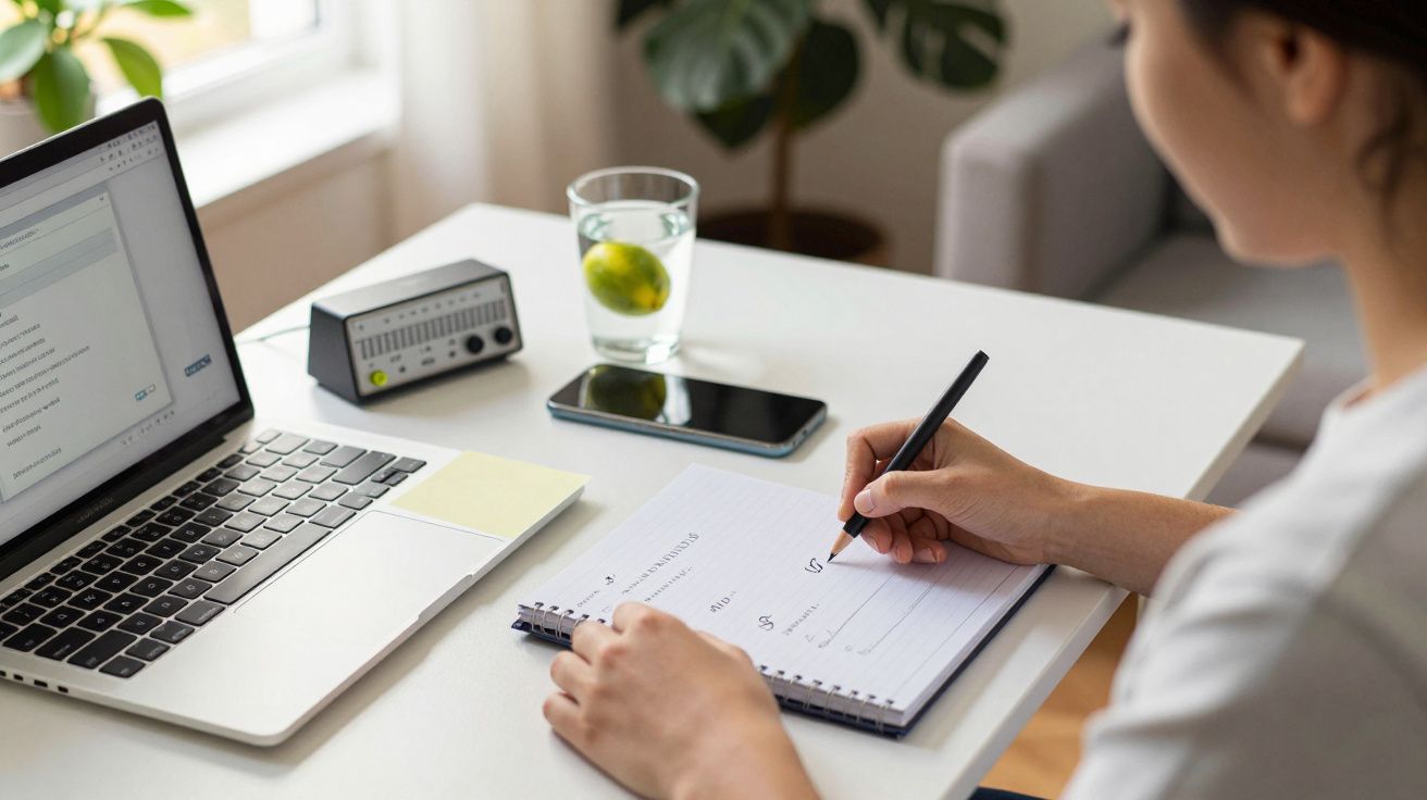 Mulher escreve num bloco de notas numa mesa com portátil, smartphone e copo de água com limão.