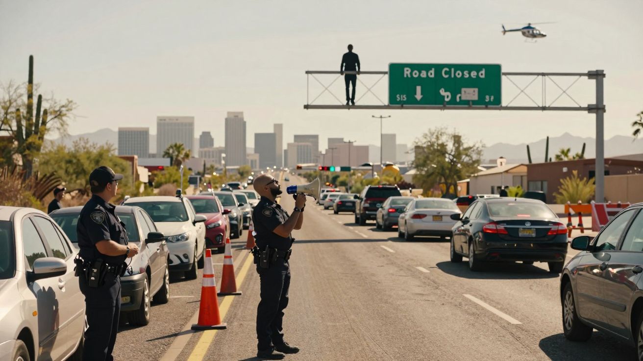 Polícia desvia o trânsito devido a homem em placar rodoviário e helicóptero sobrevoando.