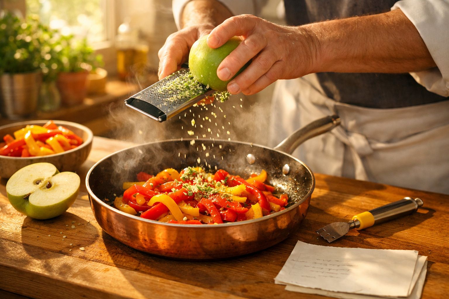Pessoa cozinha, adicionando maçã a uma tigela de tiras de pimentão coloridas. Garrafa de azeite ao fundo.