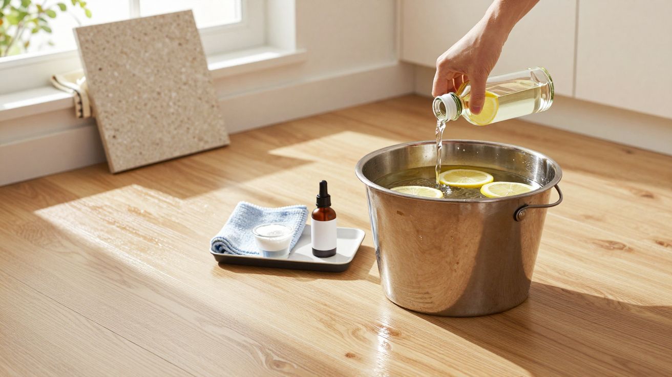 Mão derrama líquido em balde com limões no chão de madeira; ao lado, prato com frasco e pano próximo à janela.