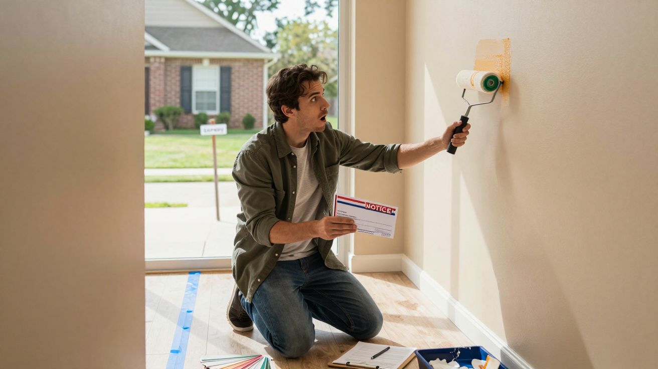Homem ajoelhado a pintar parede com rolo branco, segurando carta, em sala iluminada com grande janela ao fundo.
