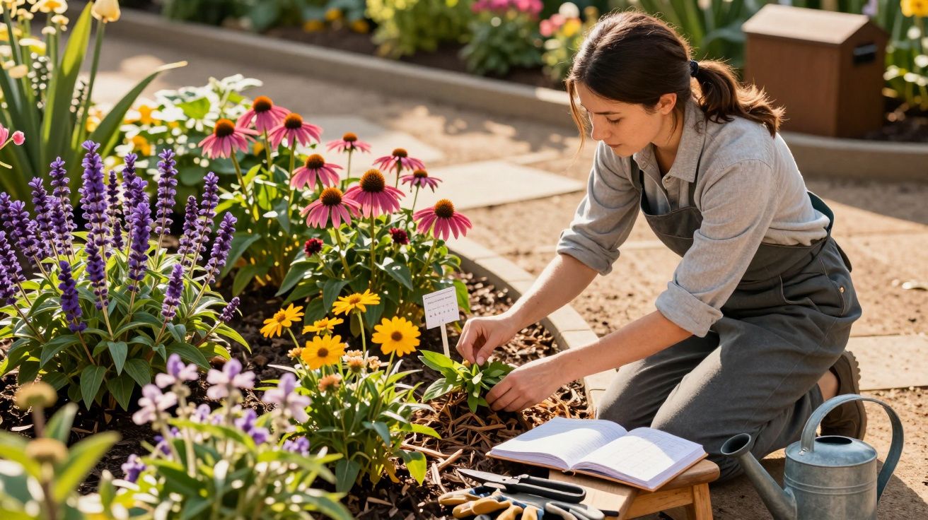 Mulher a cuidar de flores num jardim colorido, com ferramentas de jardinagem e caderno ao lado.