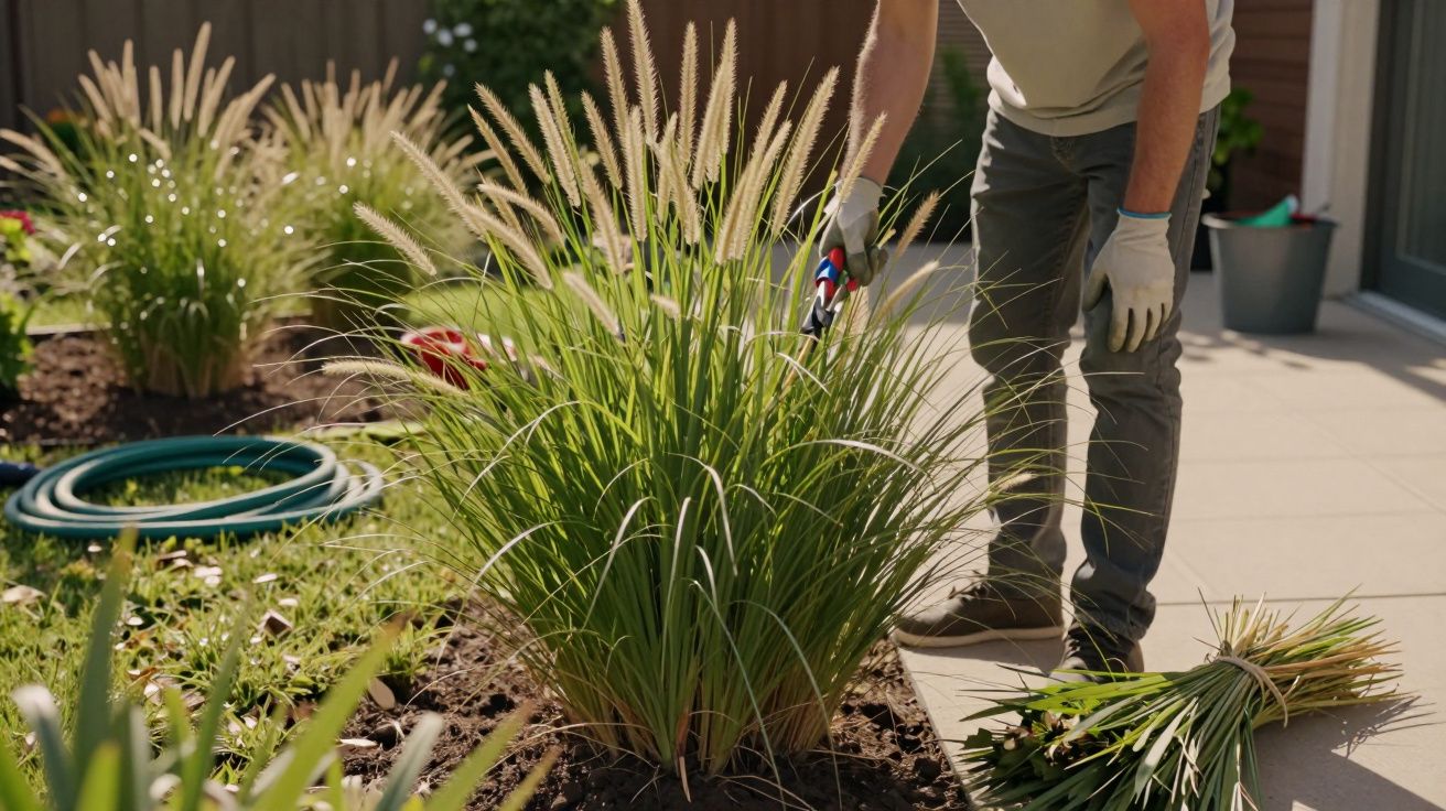 Pessoa a podar plantas verdes em jardim bem cuidado, com luvas e tesoura de poda, ao lado de mangueira de jardim e pátio.