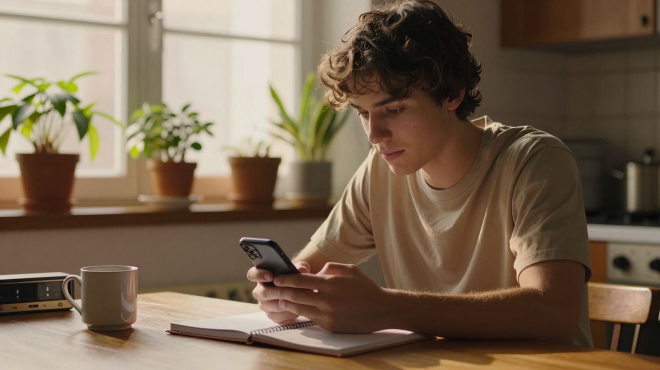 Jovem sentado à mesa, olhando para telemóvel, com plantas e caneca ao fundo.