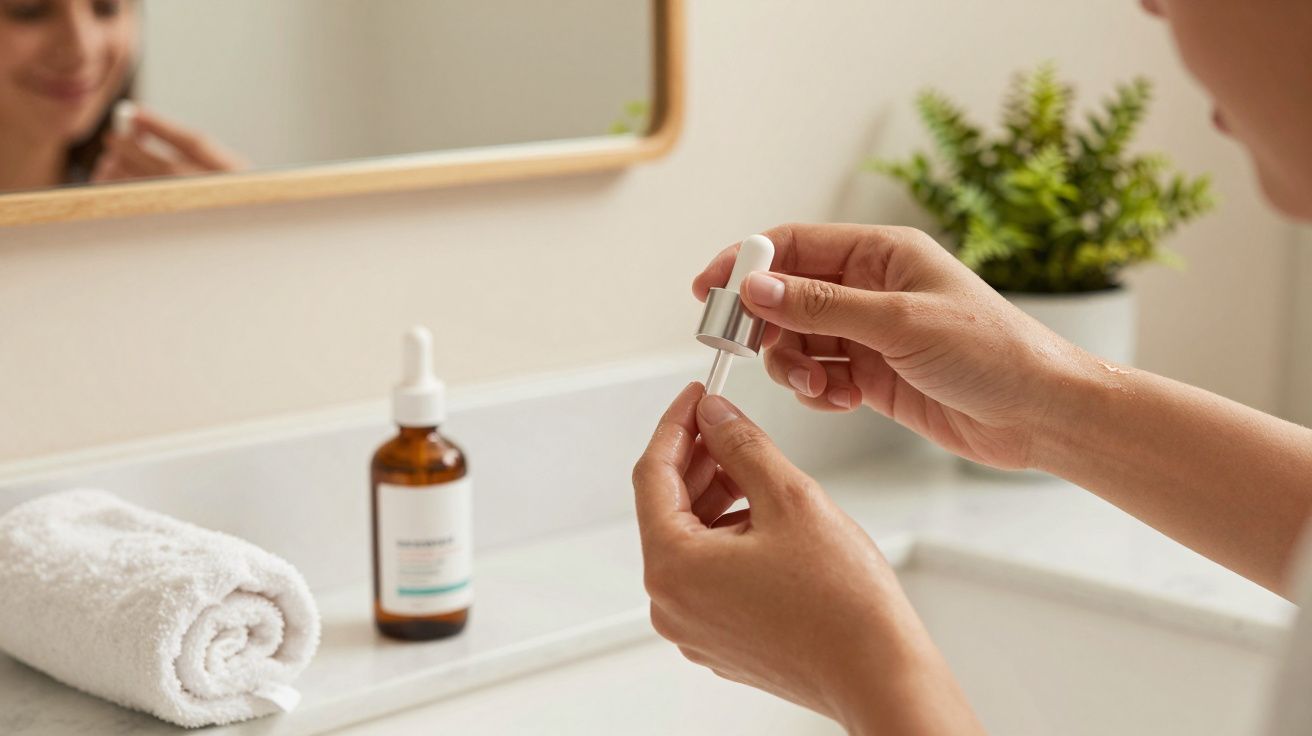 Mãos segurando conta-gotas de um frasco de cosmético. Toalha enrolada e planta no fundo em bancada de casa de banho.