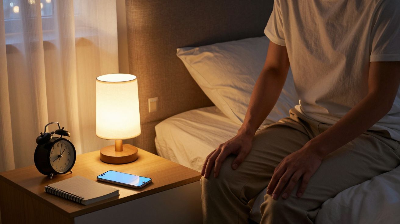 Quarto à meia-luz com candeeiro ligado; telefone, bloco de notas e relógio no criado-mudo ao lado da cama.