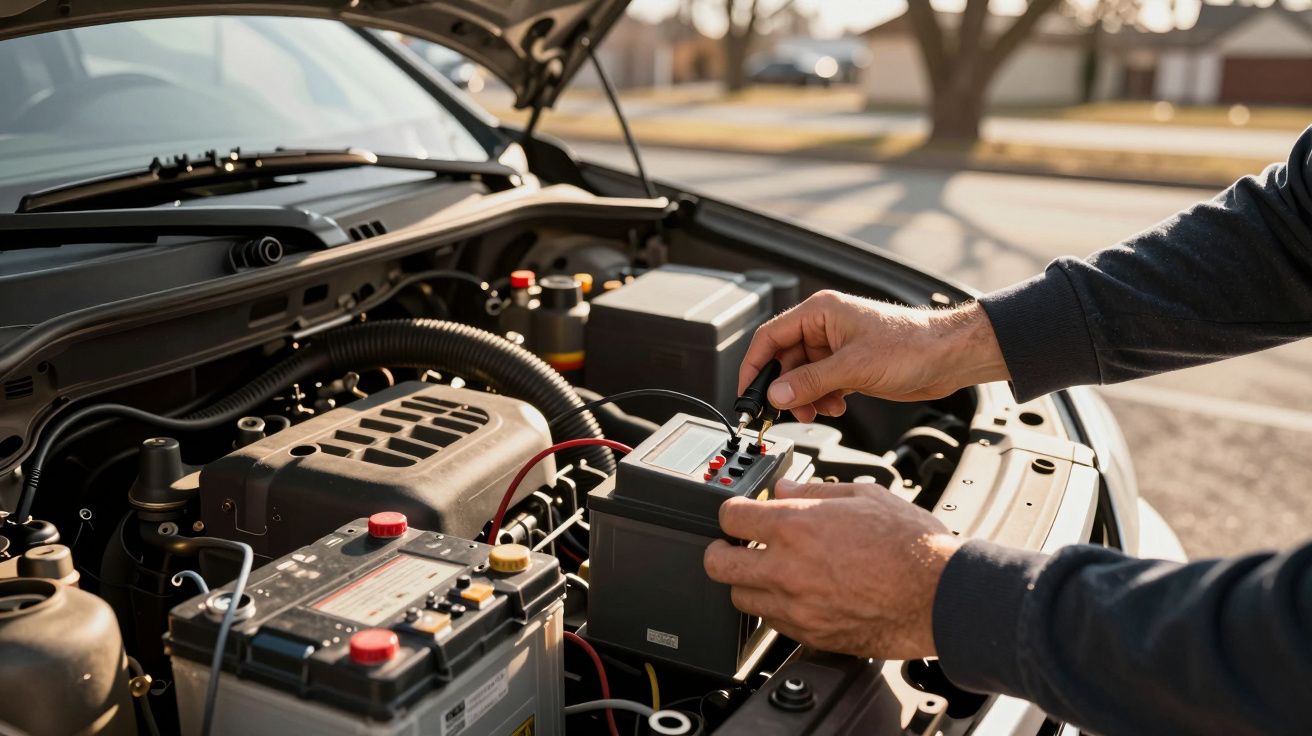 Mãos ajustando bateria no compartimento do motor de um carro estacionado ao ar livre.