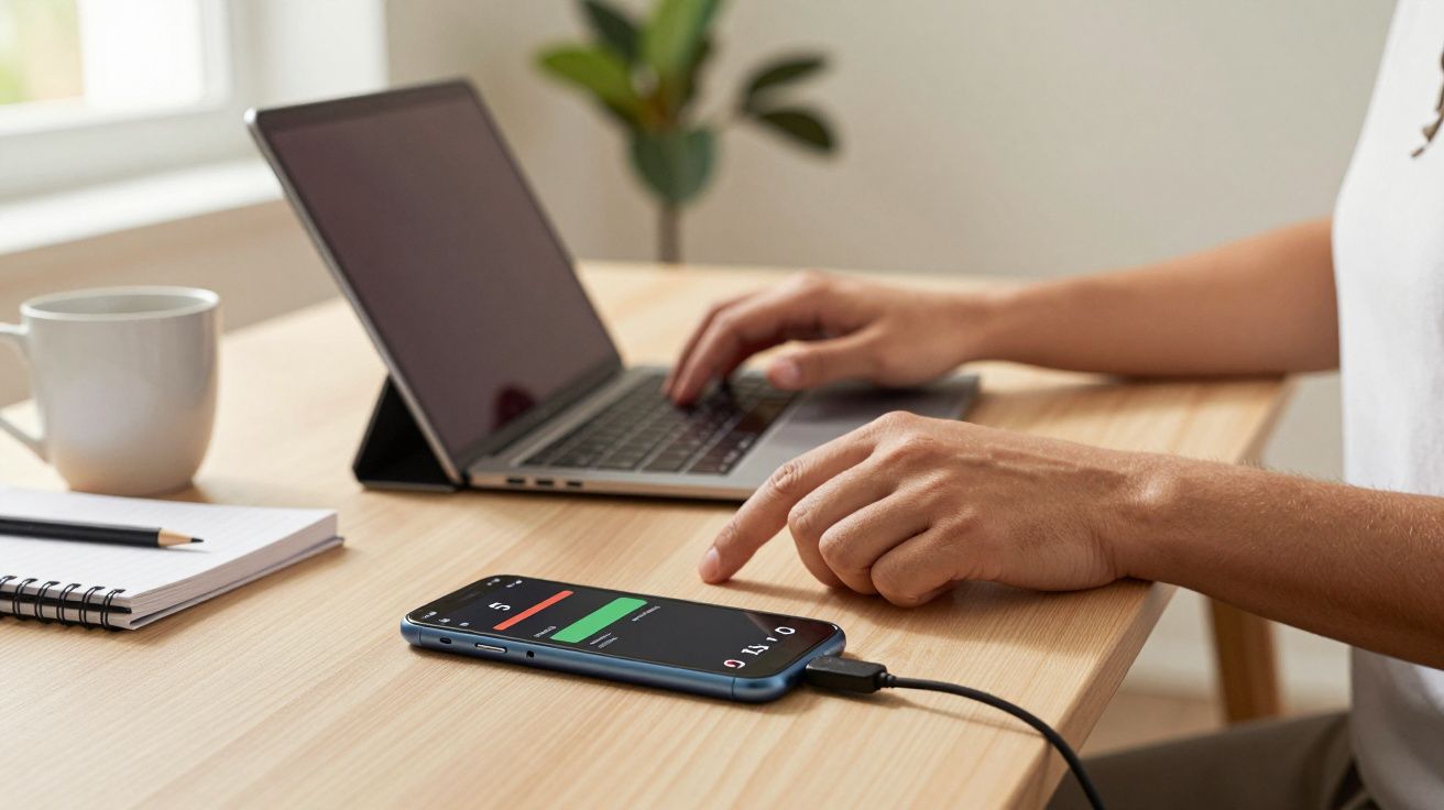 Pessoa a trabalhar num portátil na mesa com um smartphone ligado a carregar ao lado.