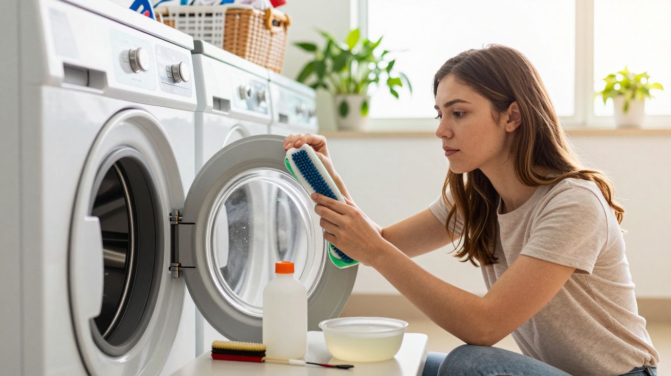 Mulher limpa máquina de lavar com escova, produtos de limpeza e tigela ao lado, em ambiente doméstico iluminado.
