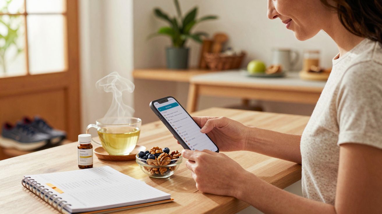 Mulher a usar smartphone à mesa com chávena de chá e tigela de frutos secos. Caderno aberto ao lado.