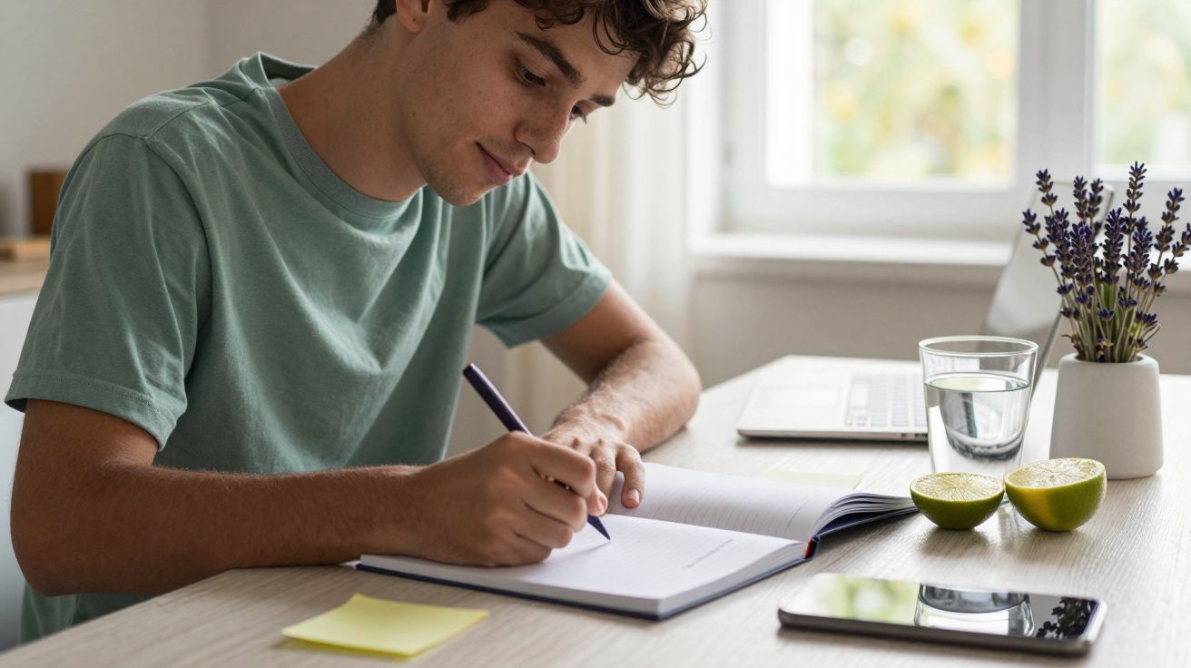 Jovem a estudar numa mesa com caderno, portátil, ramo de lavanda, copo de água e limões cortados ao meio.