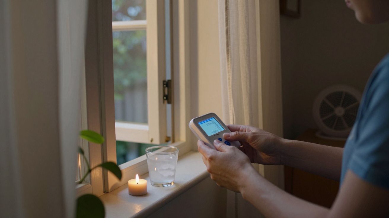 Pessoa a segurar um dispositivo perto de uma janela aberta com uma vela acesa e um copo de água sobre o parapeito.