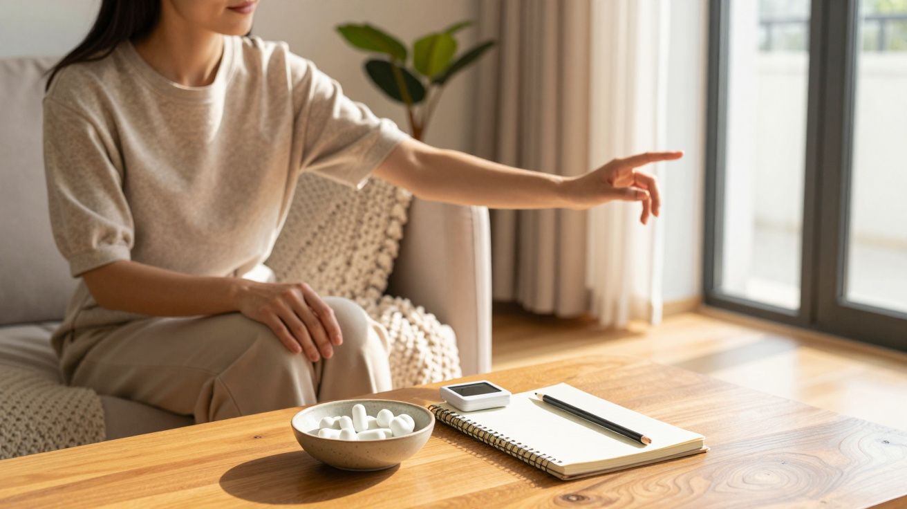 Mulher sentada no sofá, apontando para a janela, com caderno e tigela na mesa à frente.
