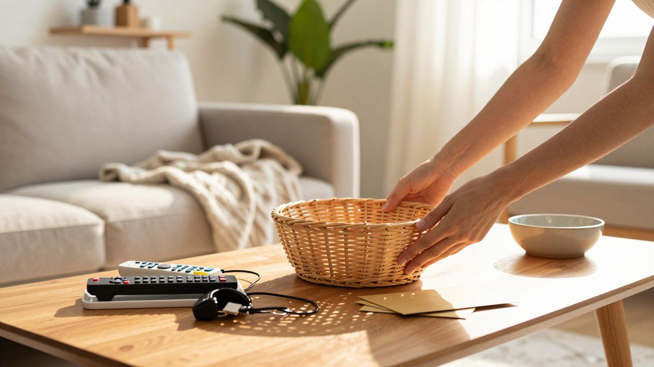 Mãos a organizar cesto de vime numa mesa de centro com comandos, auscultadores e envelopes, sofá ao fundo.