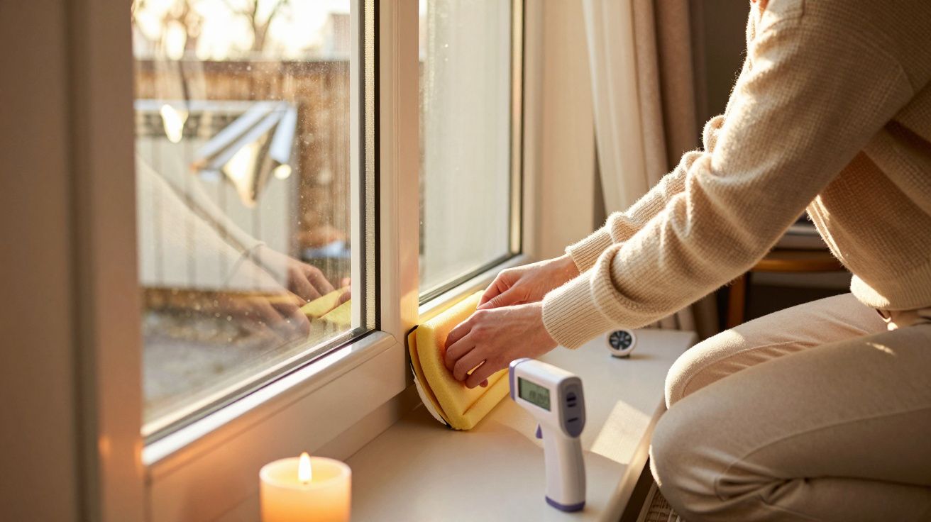 Pessoa a limpar janela com esponja amarela. Vela acesa e termómetro na superfície.