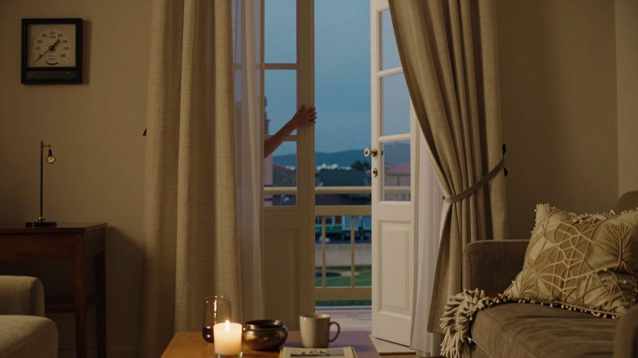 Sala de estar acolhedora com velas acesas, sofá e porta aberta para a varanda com vista para paisagem urbana ao entardecer.