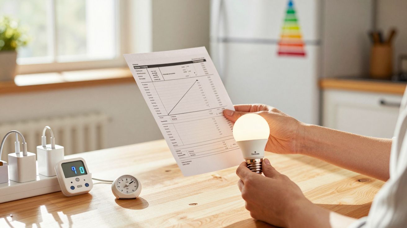 Pessoa segura uma lâmpada e uma fatura de eletricidade numa cozinha iluminada. Medidor e relógio sobre a mesa.