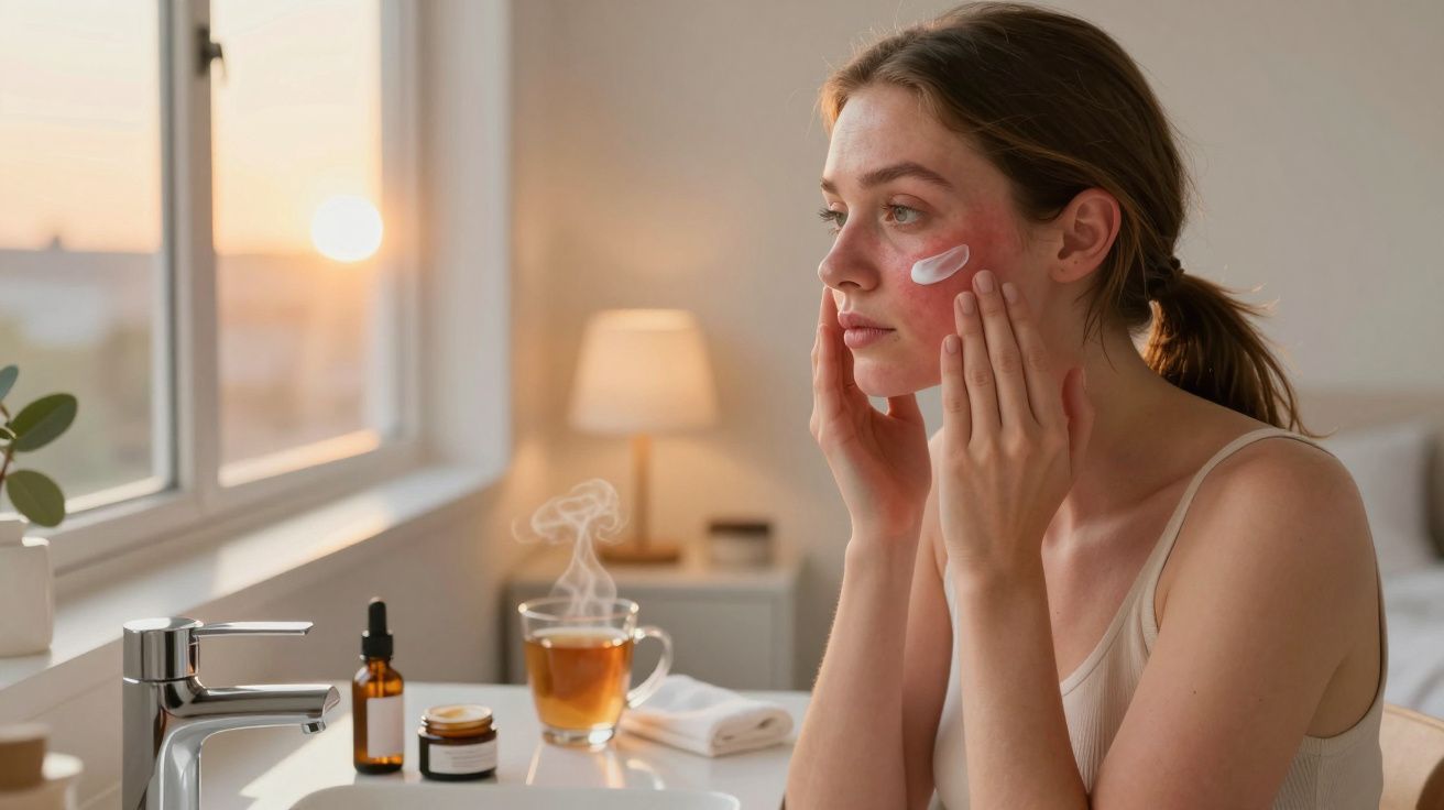 Mulher aplica creme no rosto ao lado de janela com pôr do sol. Mesa com chá, toalha e produtos de cuidado da pele.