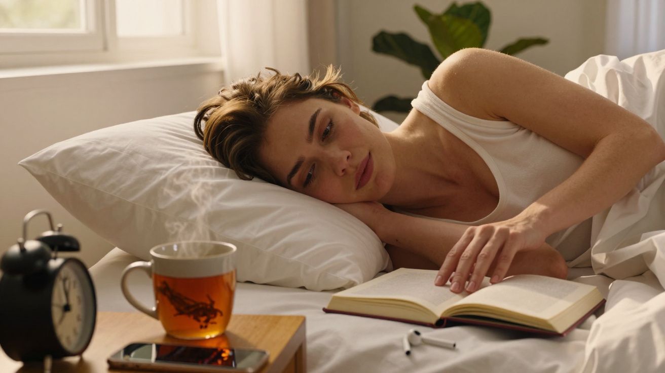 Mulher deitada na cama, lendo um livro. Na mesa ao lado, chá quente, auriculares e despertador.