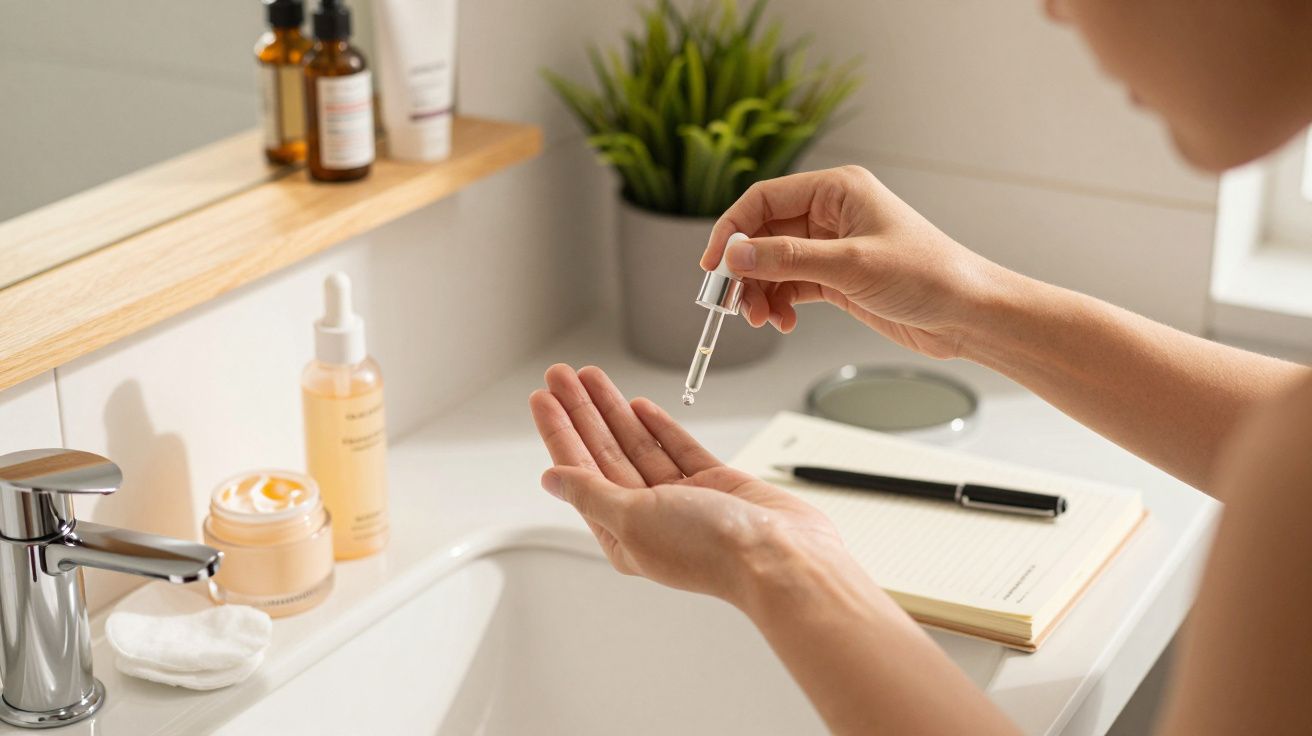 Pessoa aplicando óleo facial nas mãos em casa de banho bem iluminada, com produtos de cuidados ao lado da pia.