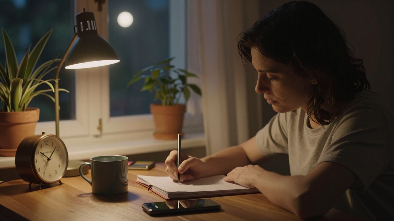 Pessoa a escrever num caderno sob luz de candeeiro, com plantas e relógio na mesa.