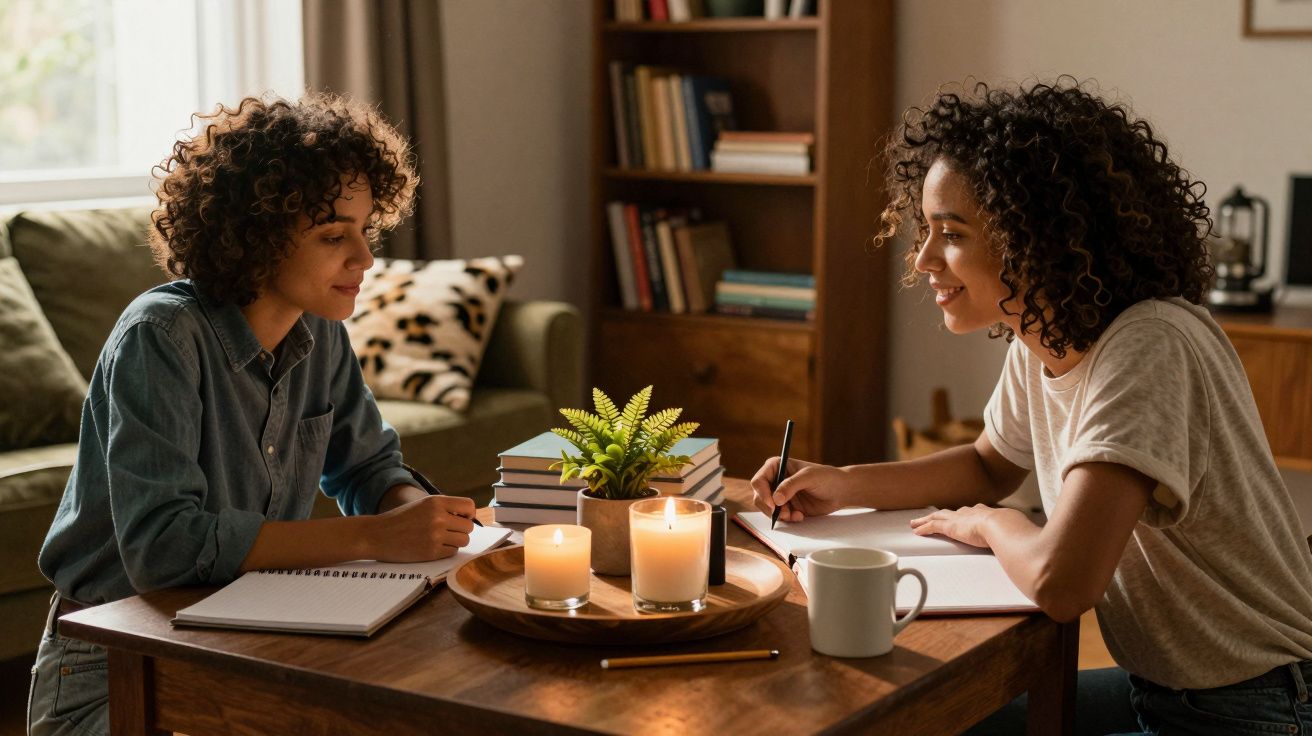 Duas pessoas escrevendo em cadernos, sentadas à mesa com velas acesas e uma planta no centro.