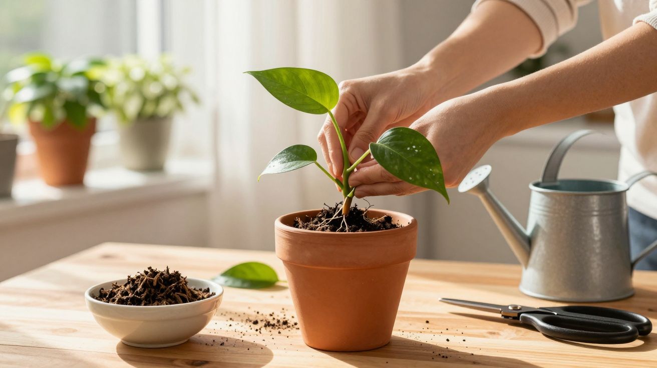 Pessoa a plantar uma muda em vaso de barro, com regador e tesoura ao lado, numa mesa de madeira iluminada.