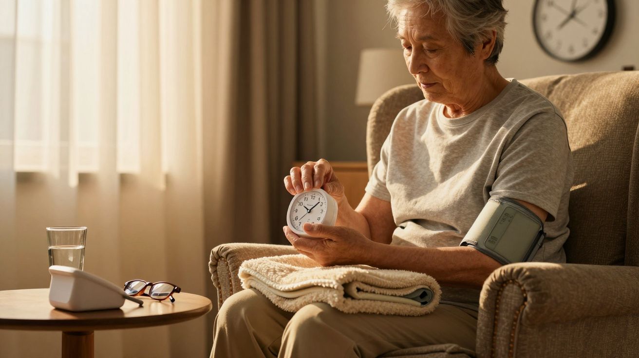Pessoa idosa sentado num sofá, segurando um aparelho de medição da pressão arterial.