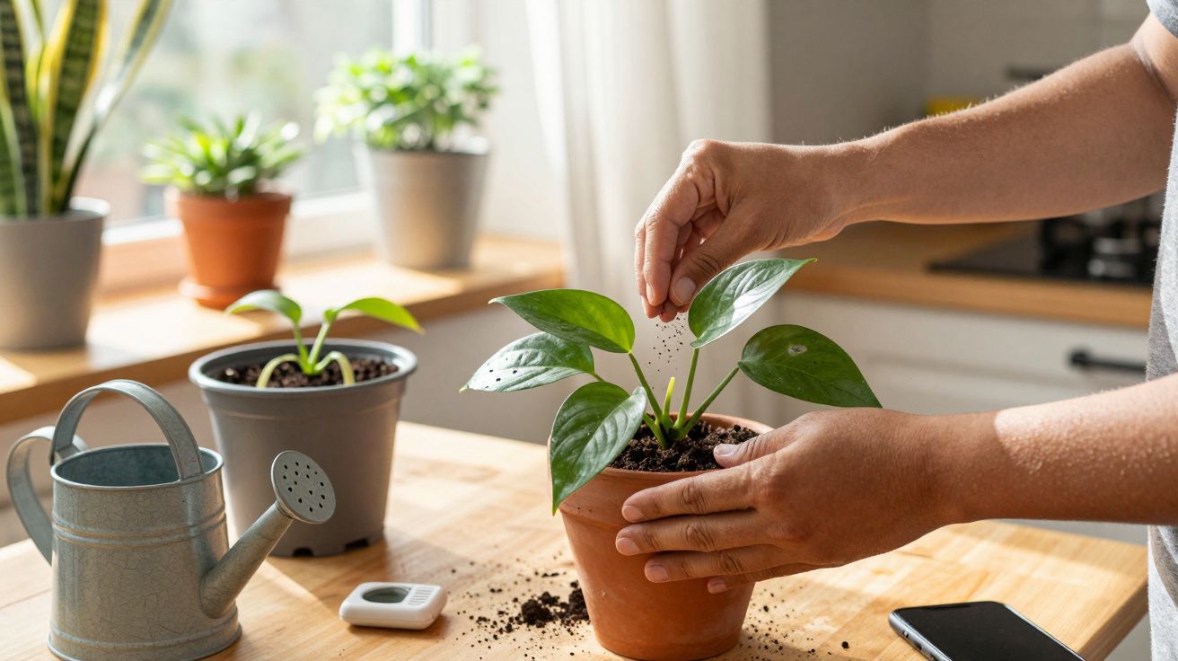 Pessoa cuidando de planta num vaso com regador e telemóvel sobre a mesa numa cozinha bem iluminada.