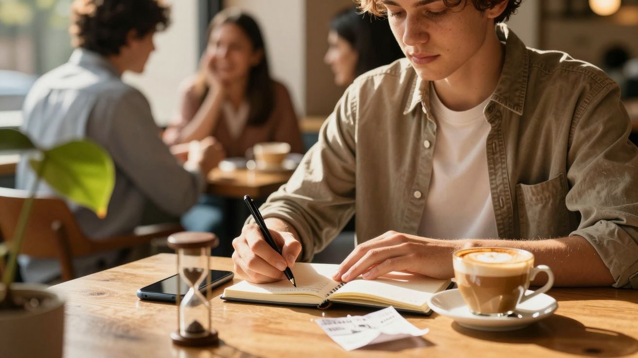 Jovem num café escreve num caderno, com uma chávena de café e uma ampulheta na mesa ao lado.