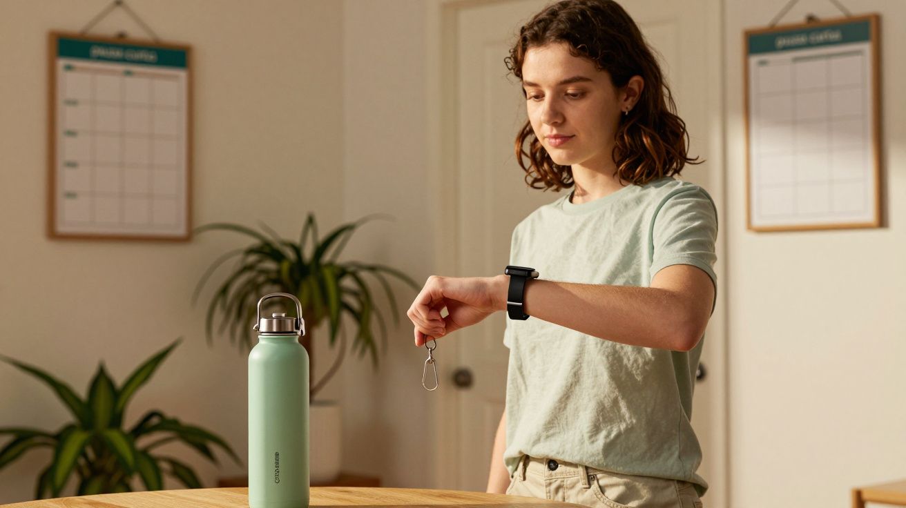 Mulher de cabelo curto segura uma chave em frente a uma garrafa verde numa mesa de madeira, com plantas ao fundo.