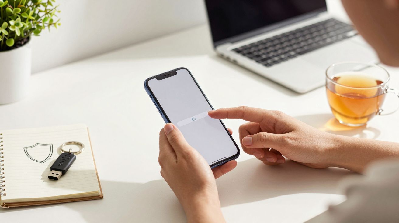 Pessoa segura smartphone na mão, com portátil, chávena de chá e bloco de notas com chave USB sobre a mesa.