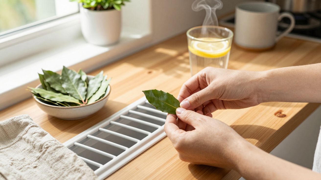 Mãos segurando folha de louro na cozinha, ao lado de taça com limão e vapor.