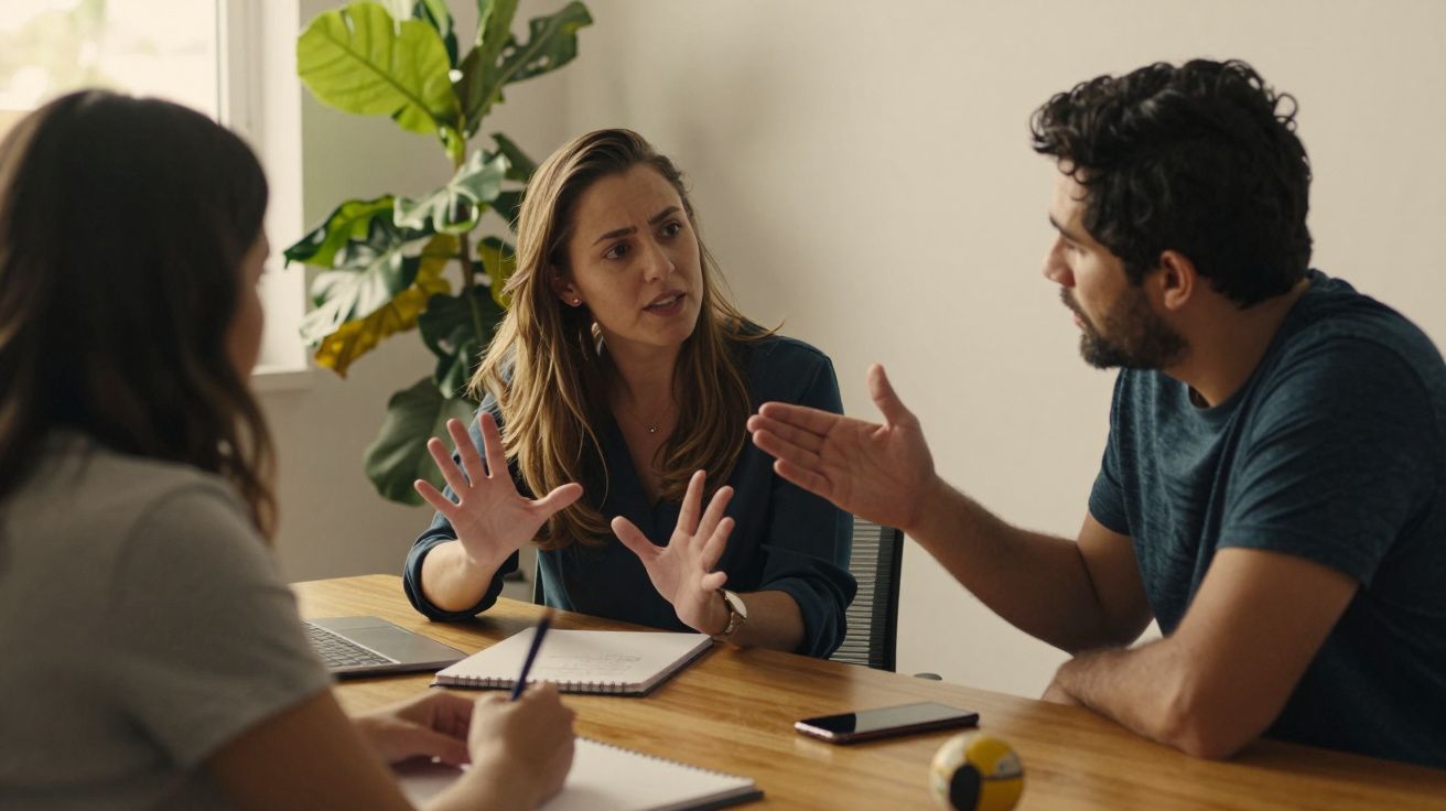 Três pessoas numa reunião, discutindo ao redor de uma mesa com cadernos e laptop, planta ao fundo.