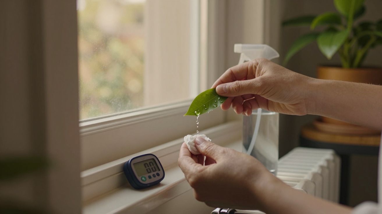 Mãos seguram uma folha gotejante junto à janela com um pulverizador e um termómetro digital ao fundo.