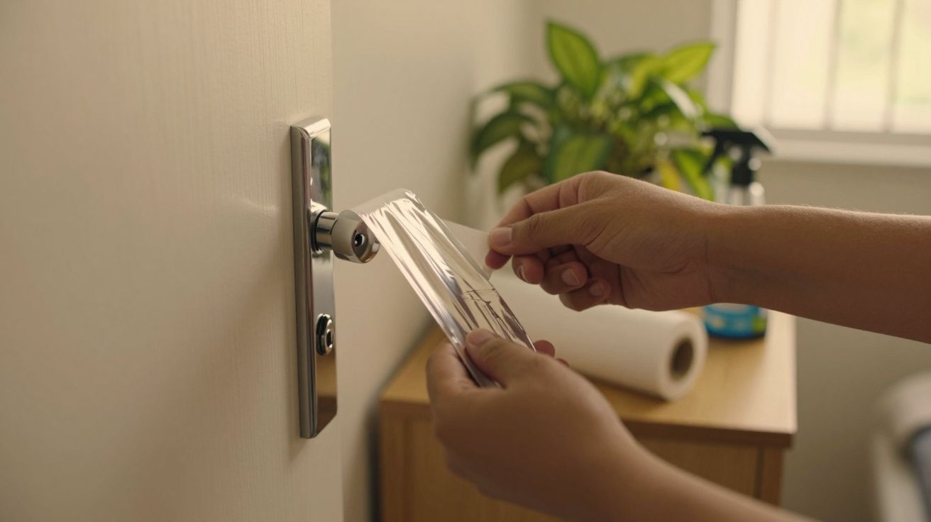 Mãos colocando um cartão na fechadura de uma porta, próximo a uma planta e produtos de limpeza em um móvel.