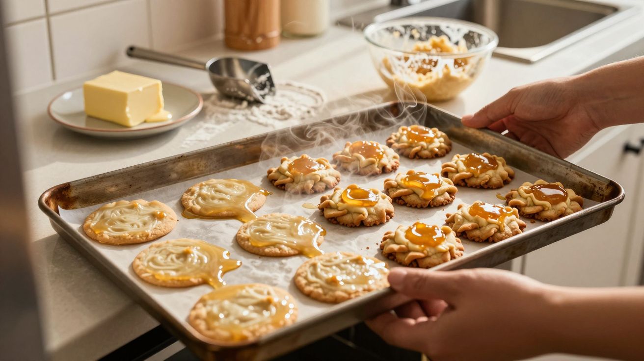 Mãos segurando tabuleiro de biscoitos recém-assados em cima de bancada de cozinha com manteiga ao lado.
