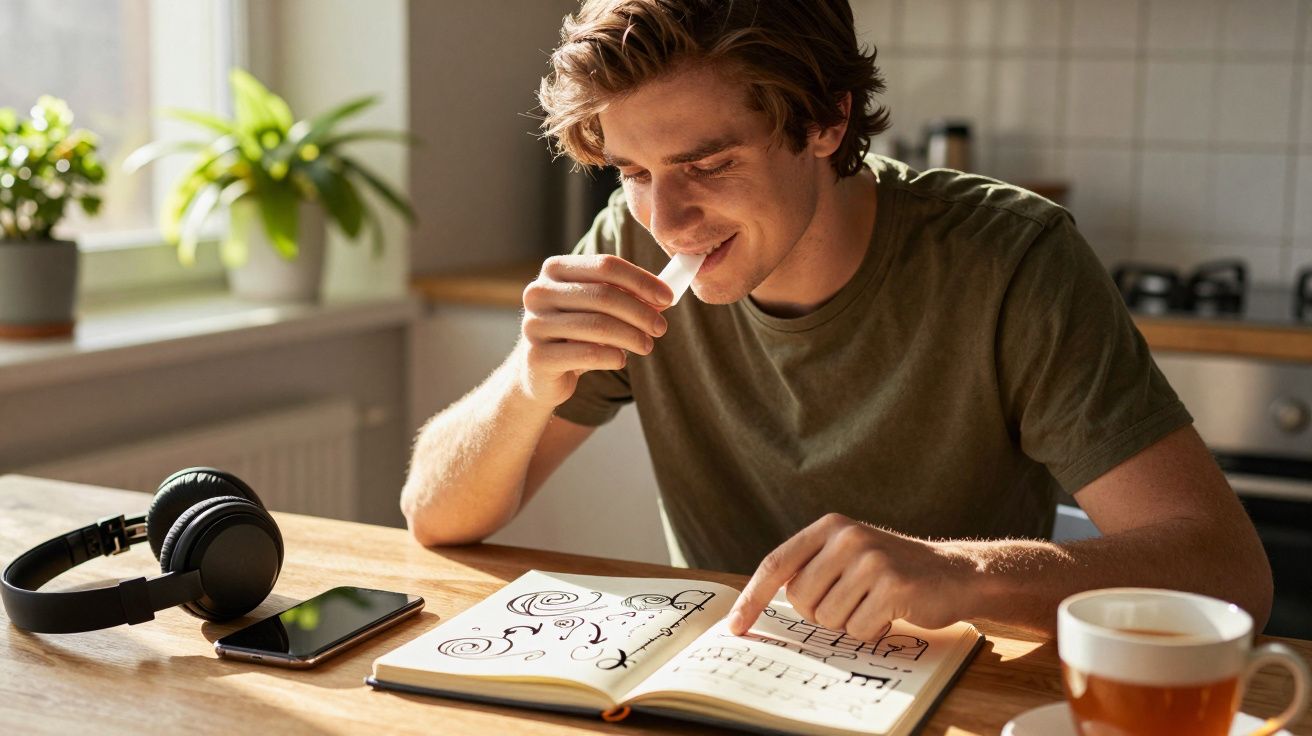 Jovem sorridente estudando música numa cozinha ensolarada, com caderno, chávena de café, telemóvel e auscultadores.