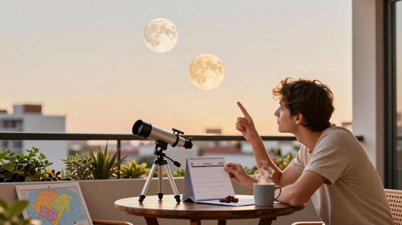 Homem num terraço observa duas luas no céu ao pôr do sol, com telescópio e calendário sobre a mesa.