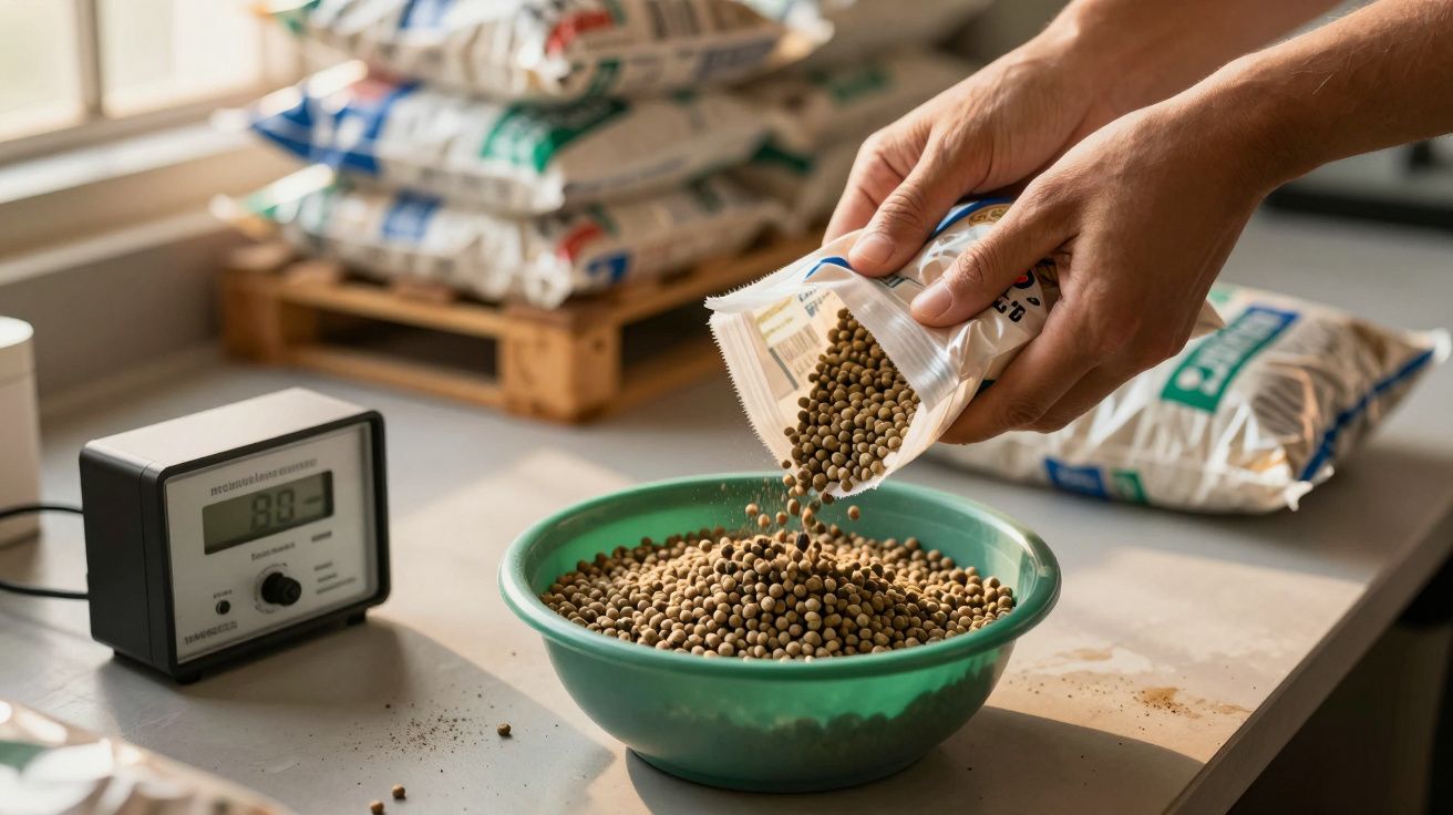 Mãos despejam grãos de um saco plástico para uma tigela verde num balcão, com balança digital ao lado.