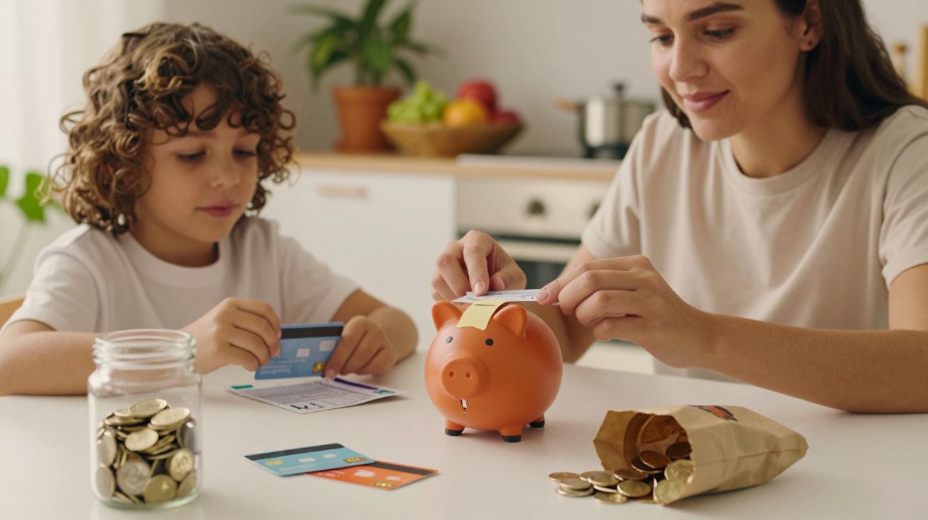 Mulher e criança juntam moedas num porquinho mealheiro em cozinha, promovendo poupança.