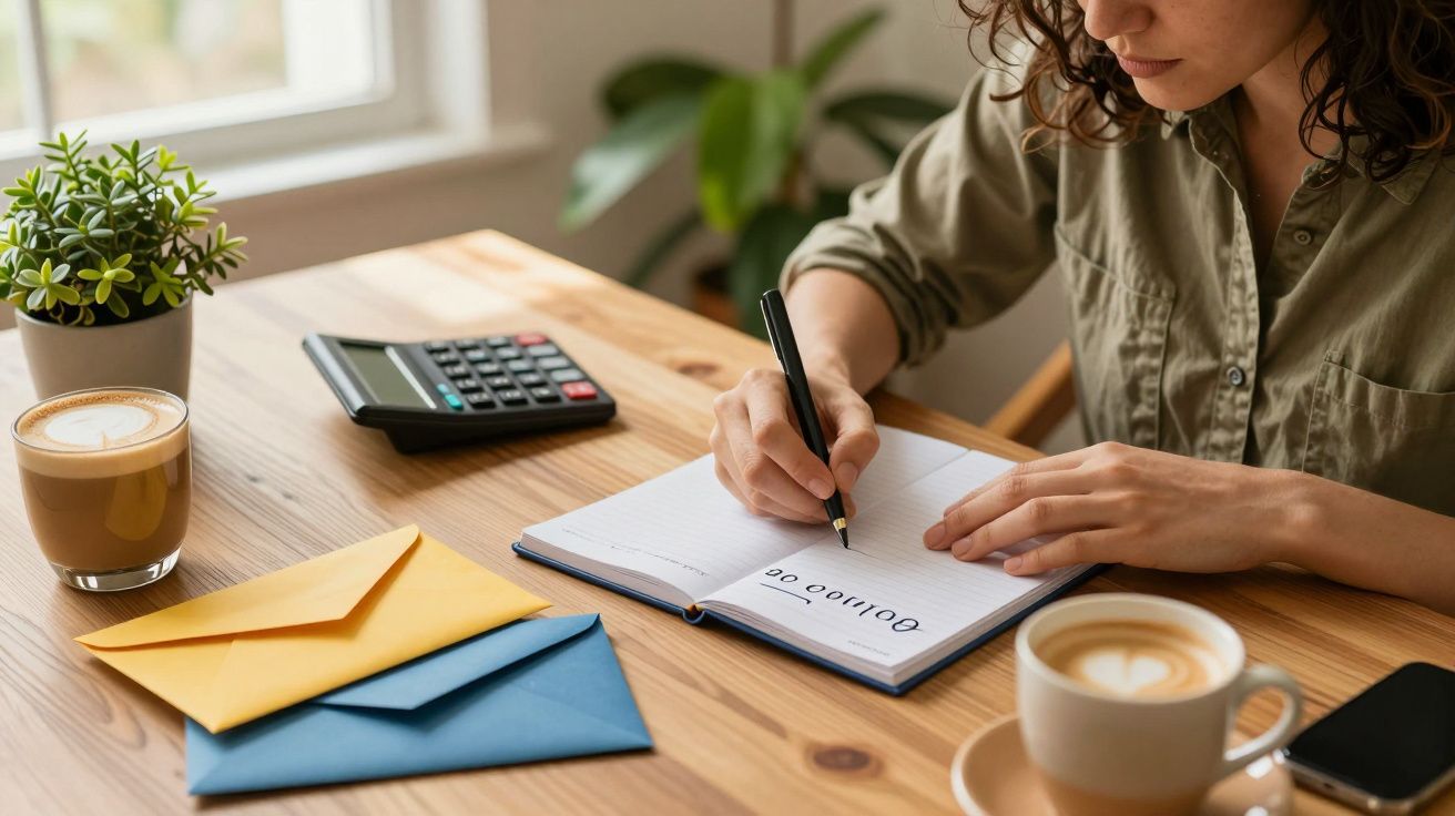 Mulher escrevendo num caderno numa mesa com envelopes, calculadora, plantas e café.