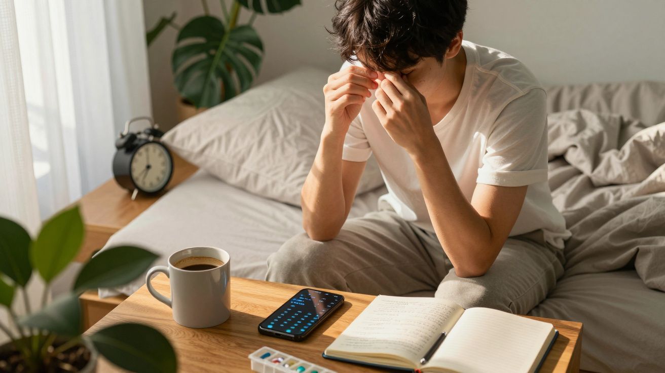 Homem sentado na cama, de mãos no rosto, com chávena, telemóvel e caderno numa mesa ao lado, numa manhã ensolarada.