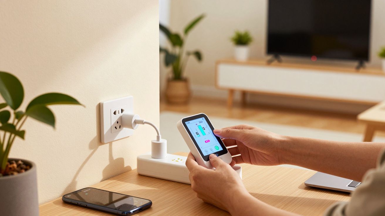 Pessoa usa smartphone para controlar tomada inteligente numa sala moderna com plantas e mesa de madeira.